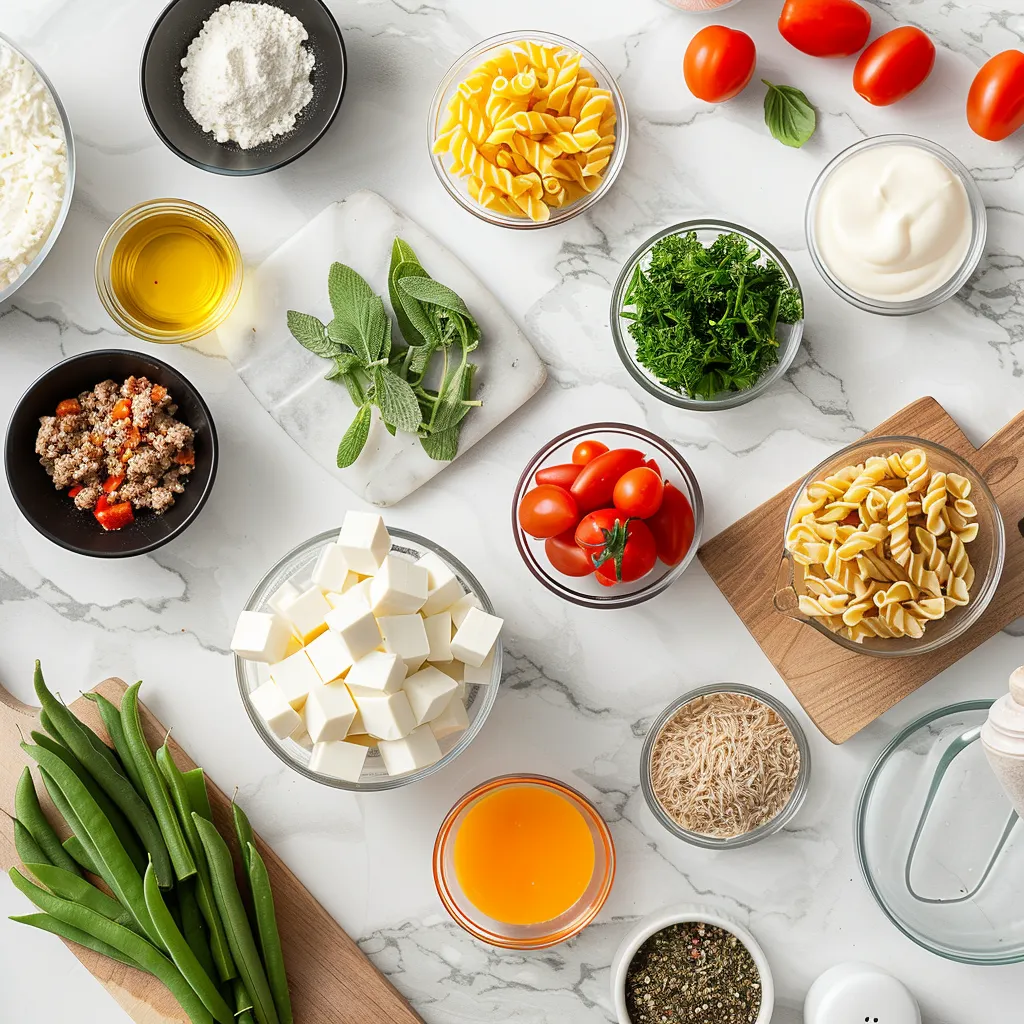 Cheesy Ground Turkey Veggie Pasta Savory ingredients