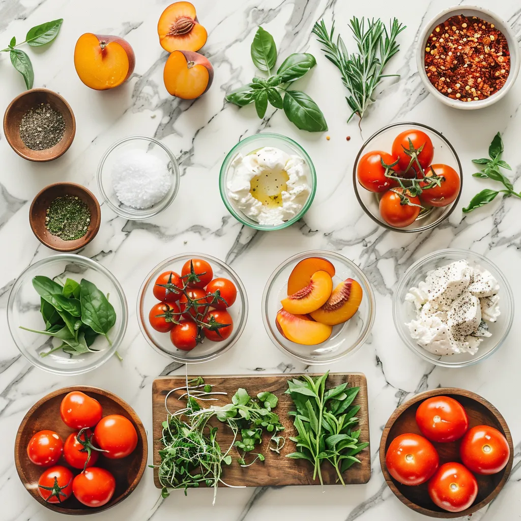 Tempting Tomato Peach Burrata Salad ingredients