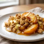 Peach Crumble Recipe With Saffron Crème Drizzle | Easy Summer Peach Dessert