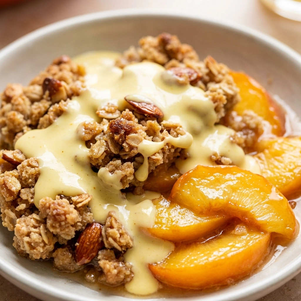 Peach Crumble Recipe With Saffron Crème Drizzle | Easy Summer Peach Dessert
