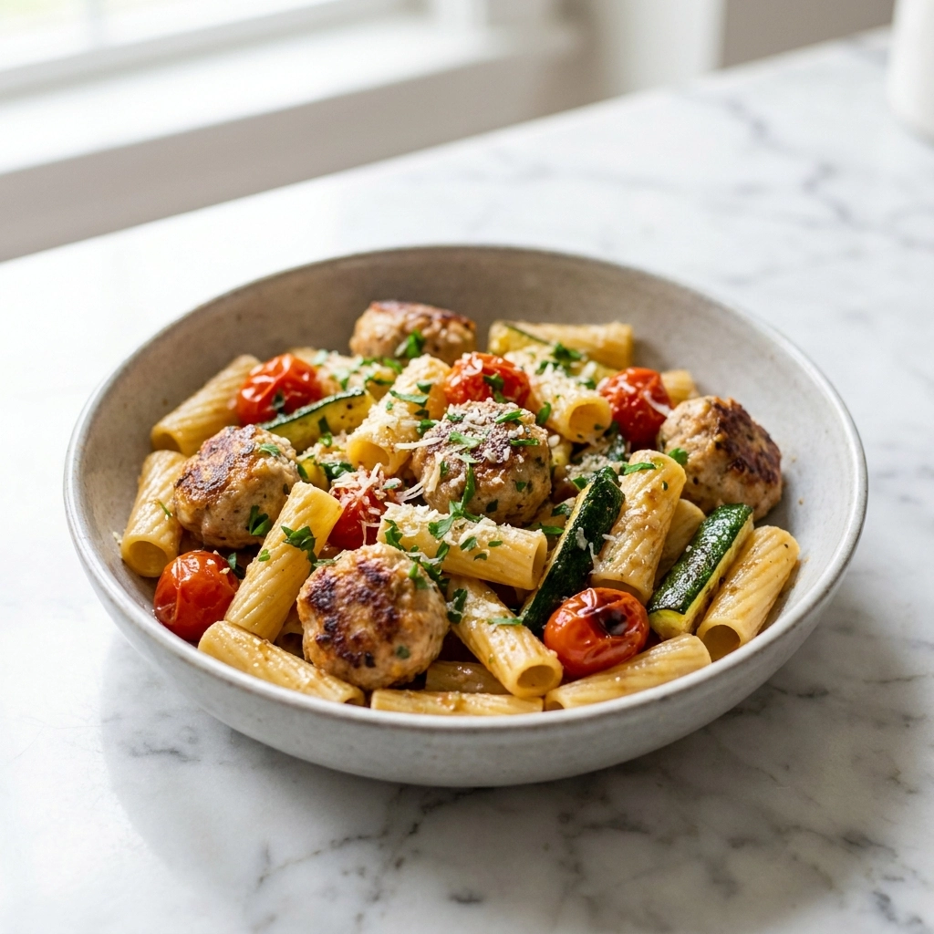 Zesty Chicken Sausages with Zucchini, Tomatoes, and Pasta | Healthy Weeknight Dinner