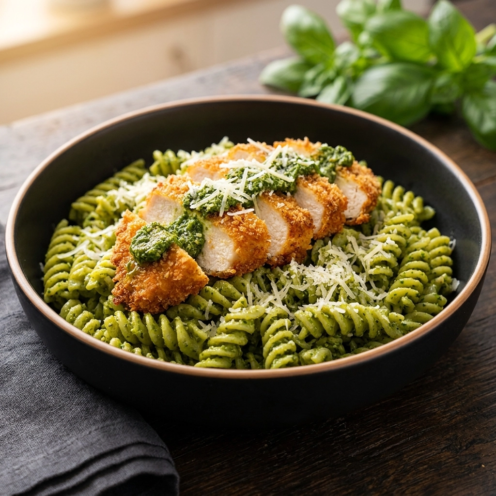 A Cozy Classic: Pesto Pasta with Crispy Parmesan Chicken | Easy Chicken Dinner Idea