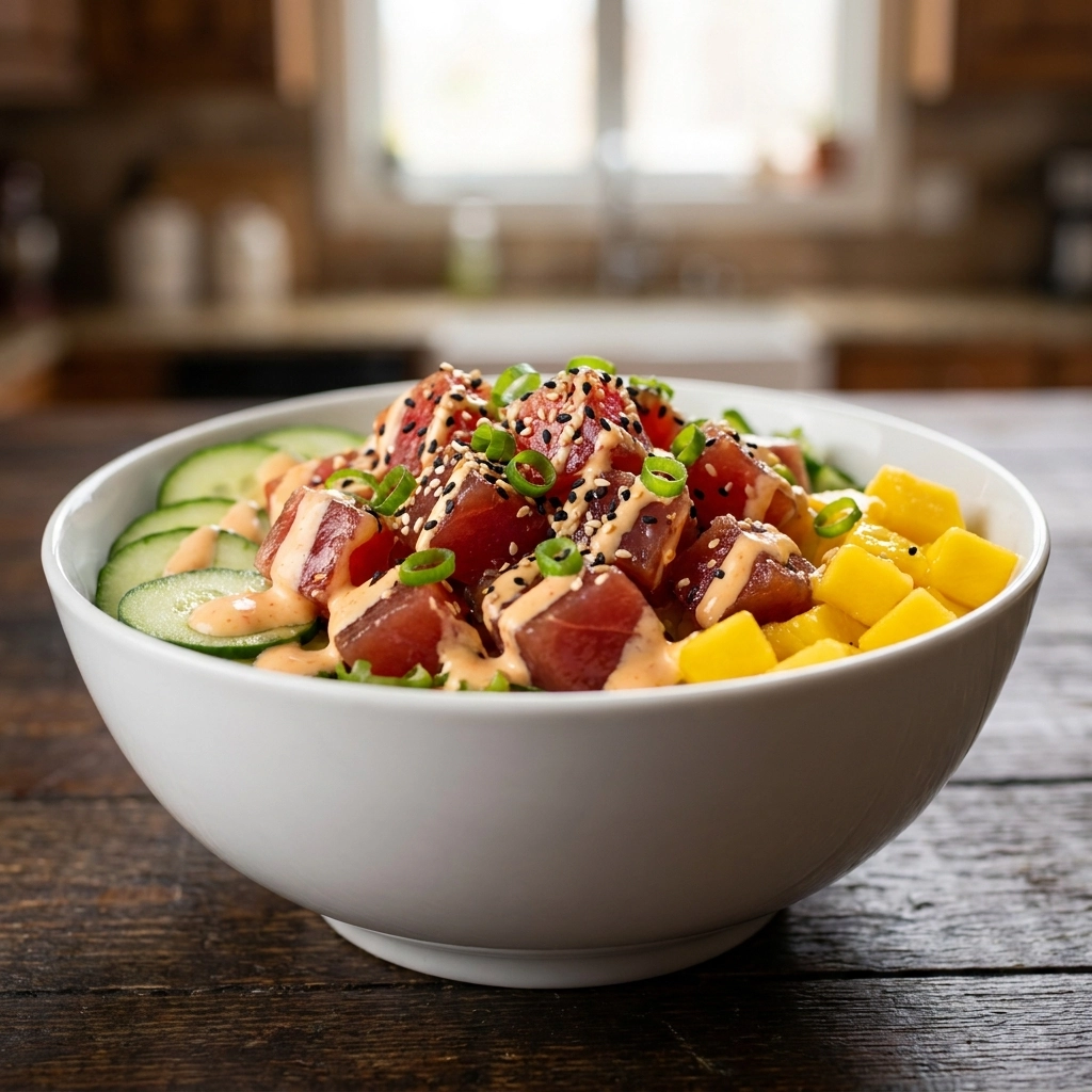 Spicy Tuna Poke Bowl Recipe Easy Homemade Mango Cucumber Sriracha Mayo | Healthy Seafood Meal