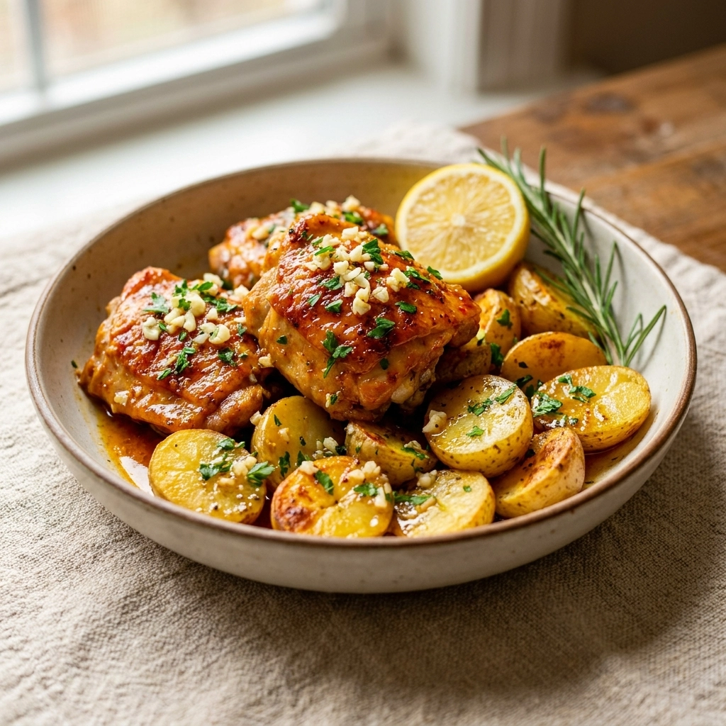 Tender Slow Cooker Garlic Butter Chicken Thighs Recipe with Easy Lemon Herb Potatoes | Easy Slow Cooker Dinner