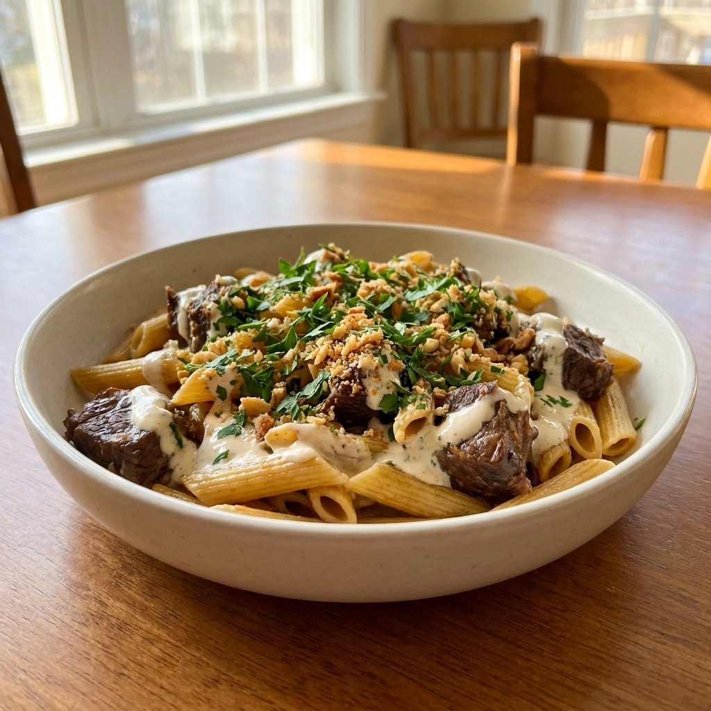 Slow Cooker Beef Pasta With Smoky Chipotle Cream And Toasted Almond Crumble | Easy Beef Dinner