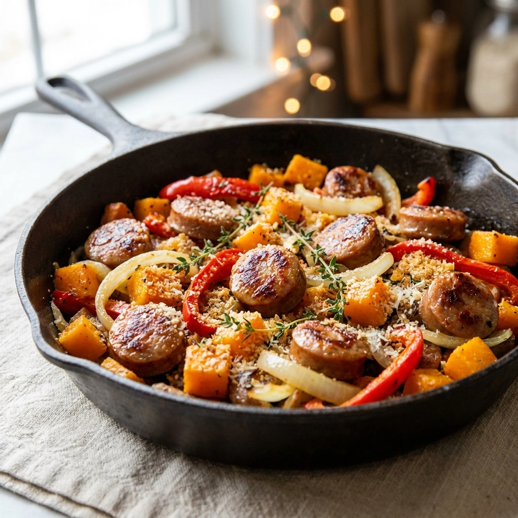 Savory Harvest Butternut Squash and Sausage Skillet Easy Recipe for Fall Dinner | Autumn Meal