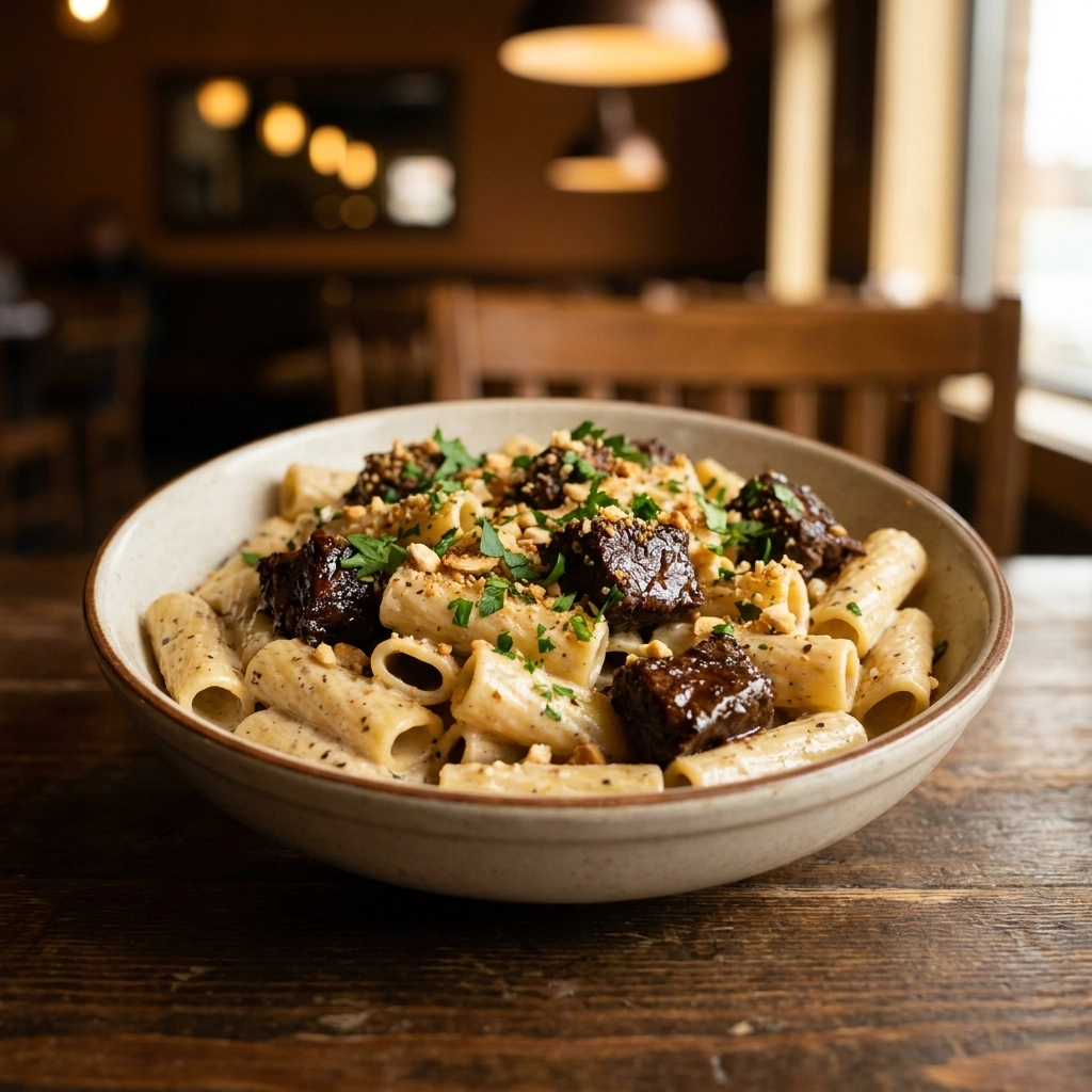 Slow Cooker Beef Pasta With Smoky Chipotle Cream And Toasted Almond Crumble | Easy Beef Dinner