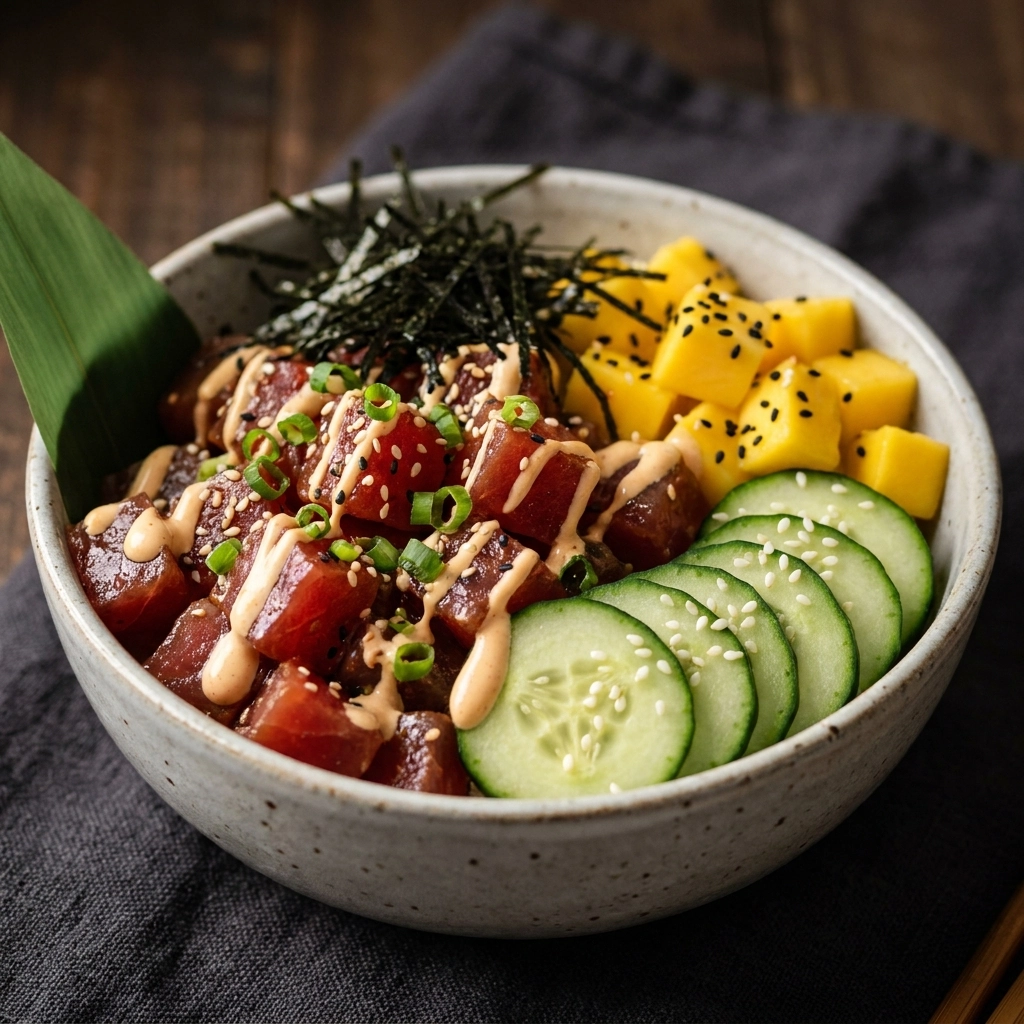 Spicy Tuna Poke Bowl Recipe Easy Homemade Mango Cucumber Sriracha Mayo | Healthy Seafood Meal