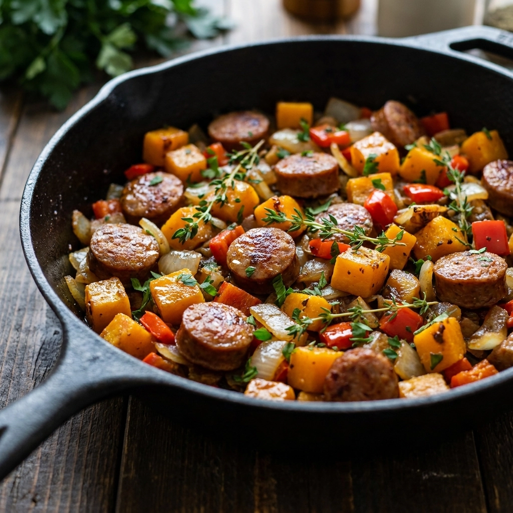 Savory Harvest Butternut Squash and Sausage Skillet Easy Recipe for Fall Dinner | Autumn Meal
