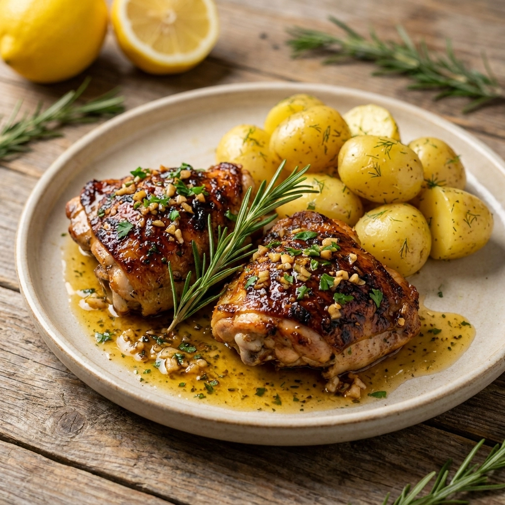 Tender Slow Cooker Garlic Butter Chicken Thighs Recipe with Easy Lemon Herb Potatoes | Easy Slow Cooker Dinner