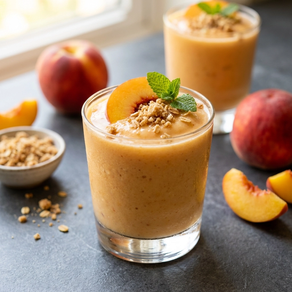 Creamy Peach Cobbler Smoothie: Dessert in a Glass! | Easy Peach Smoothie Recipe