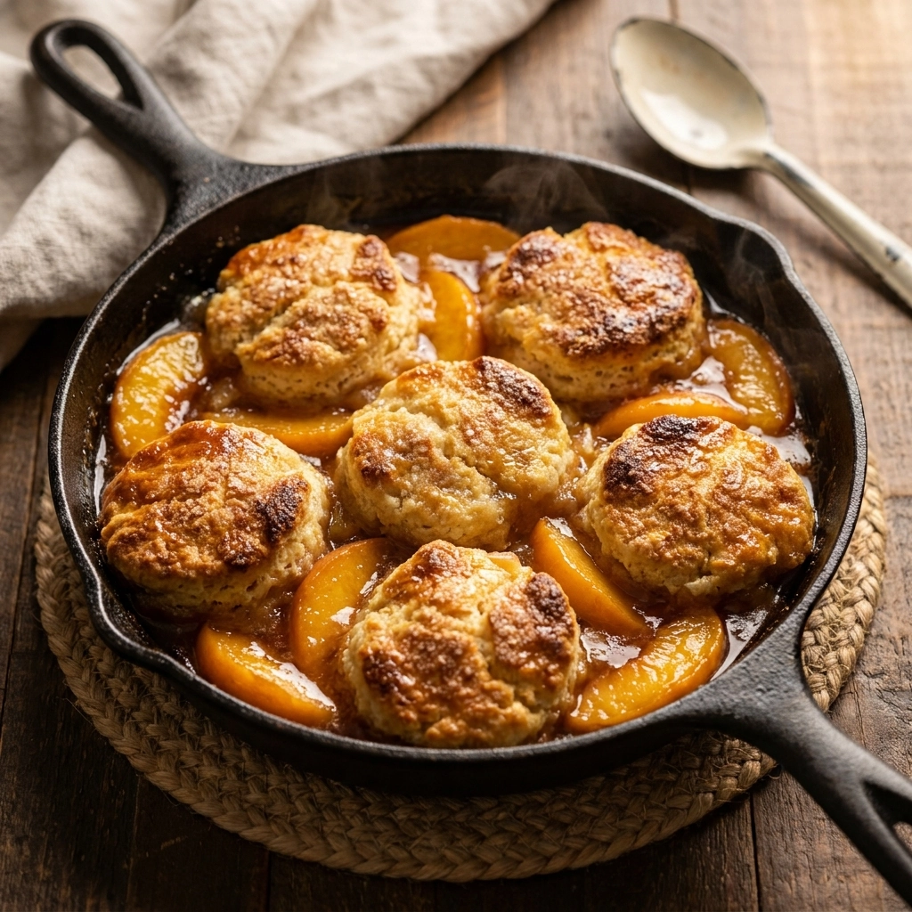 Cozy Peach Cobbler Skillet Recipe Easy Homemade Fluffy Biscuit Topping | Best Summer Dessert