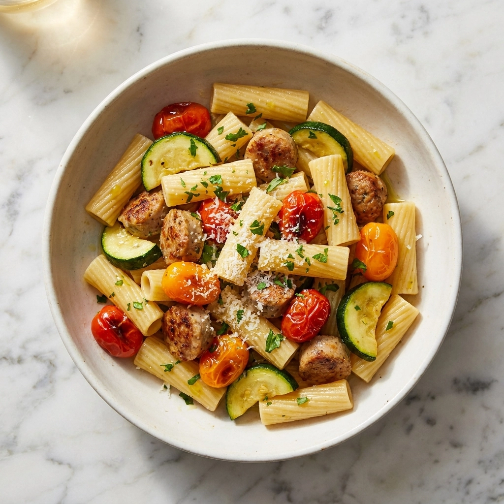 Zesty Chicken Sausages with Zucchini, Tomatoes, and Pasta | Healthy Weeknight Dinner