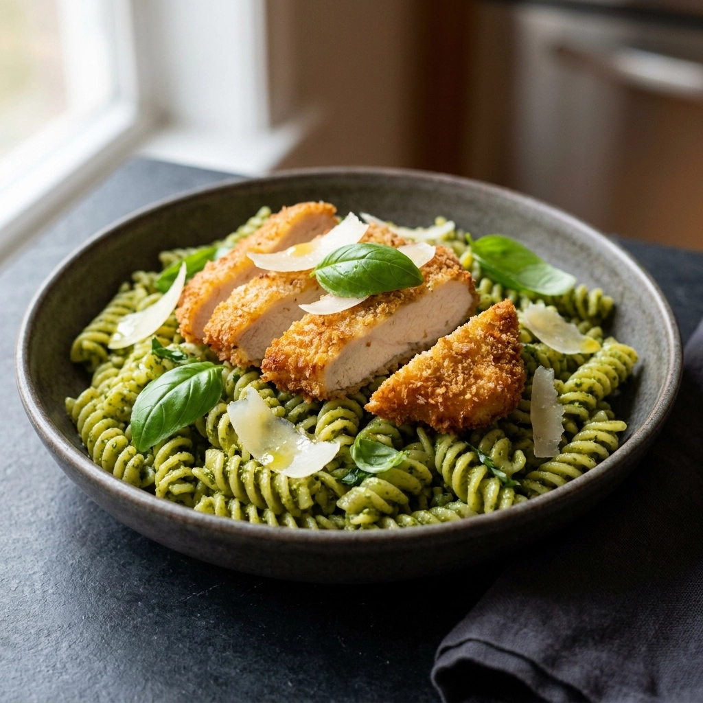 A Cozy Classic: Pesto Pasta with Crispy Parmesan Chicken | Easy Chicken Dinner Idea